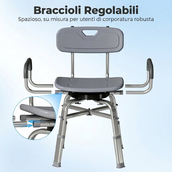 HOMCOM Sedia per Doccia Girevole ad Altezza Regolabile con Braccioli, Schienale, Capacità 150 kg, Grigio | Aosom Italy