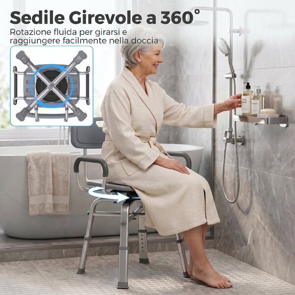HOMCOM Sedia per Doccia Girevole ad Altezza Regolabile con Braccioli, Schienale, Capacità 150 kg, Grigio | Aosom Italy