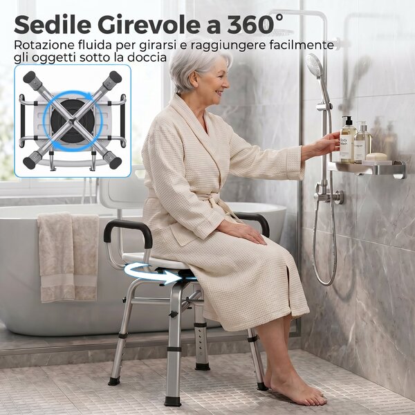 HOMCOM Sedia per Doccia Girevole ad Altezza Regolabile con Braccioli, Schienale, Capacità 150 kg, Bianco | Aosom Italy