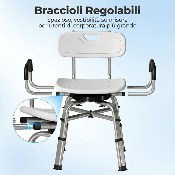 HOMCOM Sedia per Doccia Girevole ad Altezza Regolabile con Braccioli, Schienale, Capacità 150 kg, Bianco | Aosom Italy