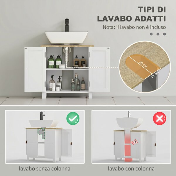 Kleankin Mobile Sotto Lavabo per Bagno, 2 Ante, Ripiano Regolabile, 2 Livelli di Archiviazione, Maniglie in PU, 60 x 30 x 60 cm, Bianco | Aosom Italy