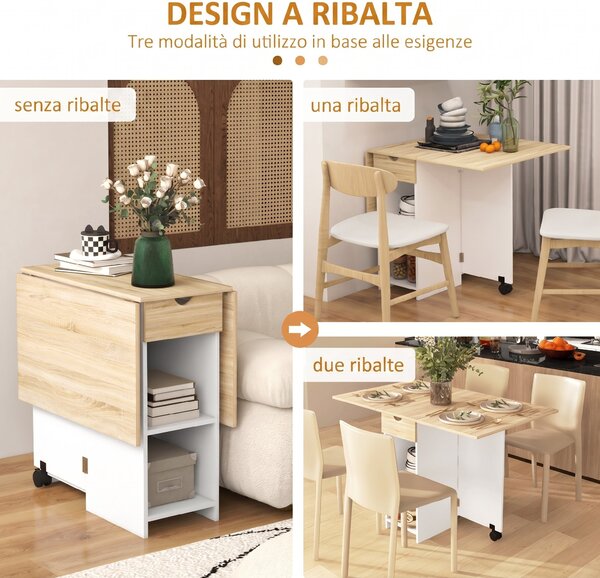 HOMCOM Tavolo da Pranzo Pieghevole con Cassetto e Ripiani, Tavolo Salvaspazio con Alette Ribaltabili per Cucina, Sala da Pranzo, Soggiorno, Rovere | Aosom Italy