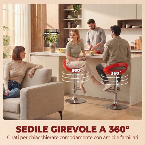 HOMCOM Set 2 Sgabelli da Bar Girevoli con Poggiapiedi, Altezza Regolabile Base in Acciaio Seduta in ABS, Rosso
