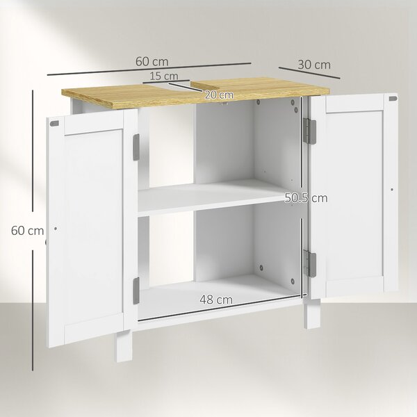 Kleankin Mobile Sotto Lavabo per Bagno, 2 Ante, Ripiano Regolabile, 2 Livelli di Archiviazione, Maniglie in PU, 60 x 30 x 60 cm, Bianco | Aosom Italy
