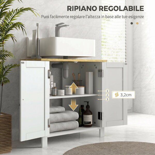 Kleankin Mobile Sotto Lavabo per Bagno, 2 Ante, Ripiano Regolabile, 2 Livelli di Archiviazione, Maniglie in PU, 60 x 30 x 60 cm, Bianco | Aosom Italy