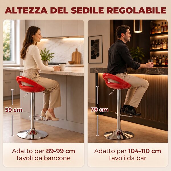 HOMCOM Set 2 Sgabelli da Bar Girevoli con Poggiapiedi, Altezza Regolabile Base in Acciaio Seduta in ABS, Rosso