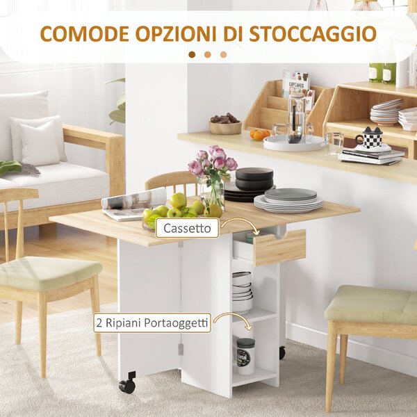 HOMCOM Tavolo da Pranzo Pieghevole con Cassetto e Ripiani, Tavolo Salvaspazio con Alette Ribaltabili per Cucina, Sala da Pranzo, Soggiorno, Rovere | Aosom Italy