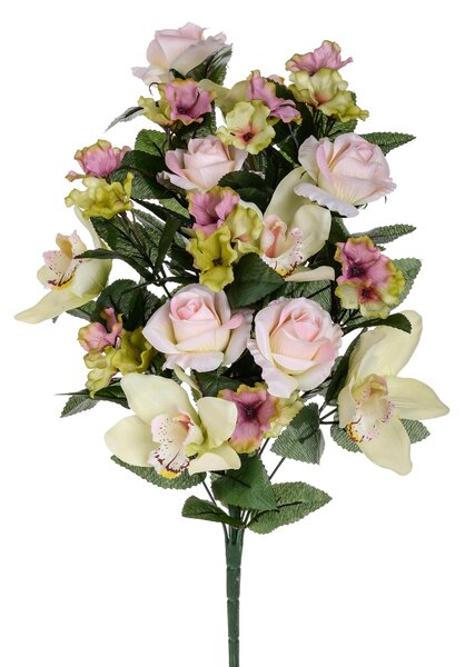 Set 2 Bouquet Artificiale Frontale di Rose e Cymbidium Altezza 53 cm Rosa