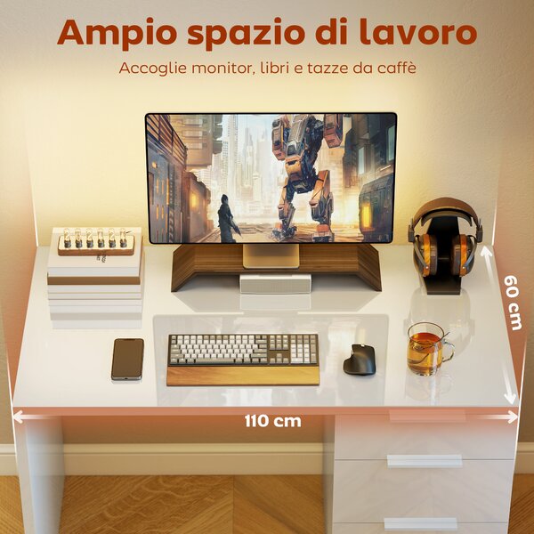 HOMCOM Scrivania con 4 Cassetti per Camera e Ufficio, 110x61.5x75 cm, Bianco Lucido | Aosom Italy