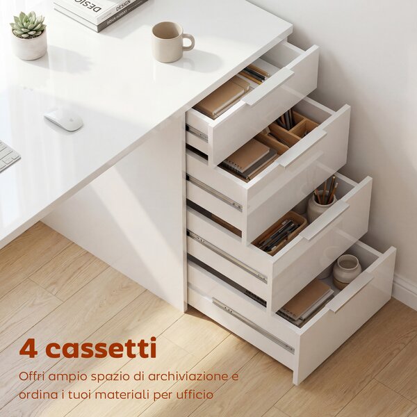 HOMCOM Scrivania con 4 Cassetti per Camera e Ufficio, 110x61.5x75 cm, Bianco Lucido | Aosom Italy