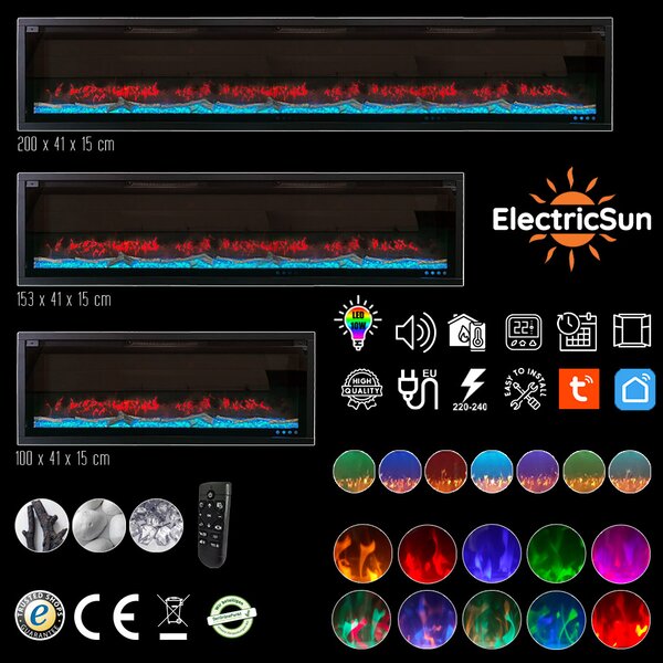 Camino elettrico da parete ElectricSun VERSALYS medio, a pavimento o incorporabile, con suono, 10 colori, con l’app, L153xH41cm