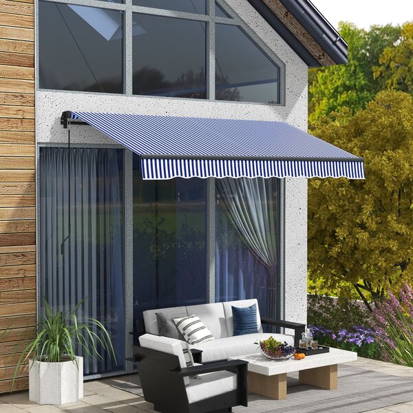 Outsunny Tendalino Protezione Solare Tendalino da Terrazza, incluso Manovella, resistente alle intemperie, 247 cm x 295 cm, Blu + Bianco