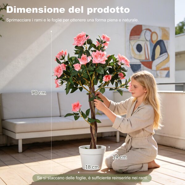 Outsunny Pianta Finta di Rosa da 21 Fiori con Vaso Riempito in Cemento e Muschio, Ø18x90 cm, Rosa | Aosom Italy