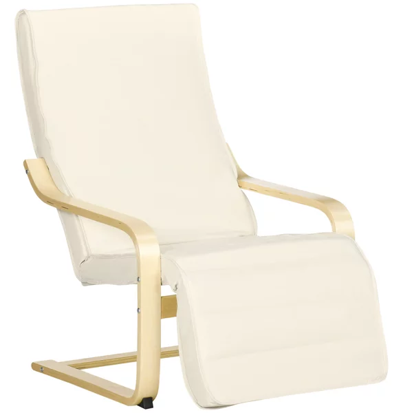 HOMCOM Poltrona Relax con Poggiapiedi a 5 Livelli e Poggiatesta, Legno di Betulla e Tessuto, 66,5x94x100 cm, Crema | Aosom Italy