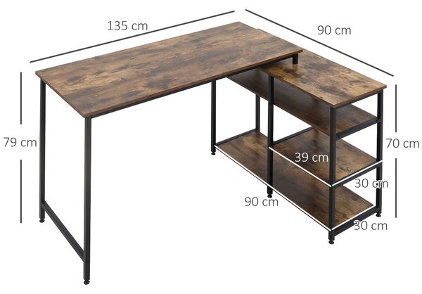 HOMCOM Scrivania Angolare con Scaffale a 3 Ripiani in Stile Industriale, 135x90x79 cm, Marrone e Nero | Aosom Italy