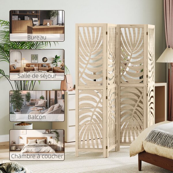 HOMCOM Paravento interiore in legno 4 pannelli 160 x 170 cm, pieghevole e portatile, motivo foglia, design rimovibile, legno naturale