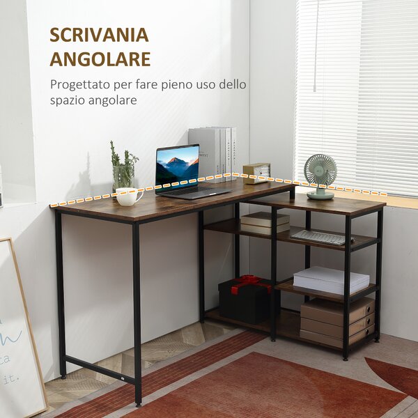 HOMCOM Scrivania Angolare con Scaffale a 3 Ripiani in Stile Industriale, 135x90x79 cm, Marrone e Nero | Aosom Italy