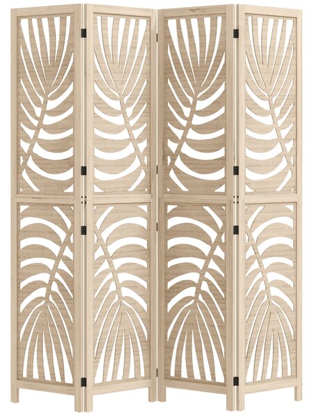 HOMCOM Paravento interiore in legno 4 pannelli 160 x 170 cm, pieghevole e portatile, motivo foglia, design rimovibile, legno naturale