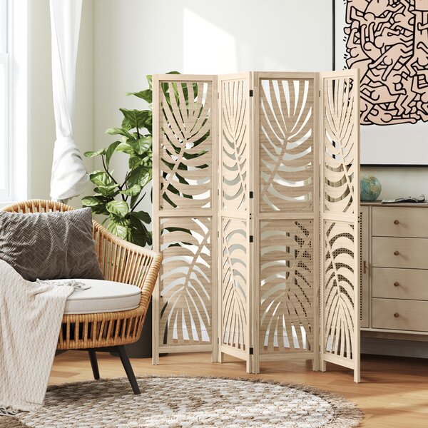 HOMCOM Paravento interiore in legno 4 pannelli 160 x 170 cm, pieghevole e portatile, motivo foglia, design rimovibile, legno naturale