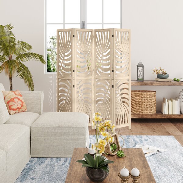 HOMCOM Paravento interiore in legno 4 pannelli 160 x 170 cm, pieghevole e portatile, motivo foglia, design rimovibile, legno naturale