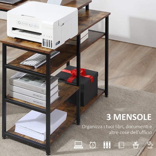 HOMCOM Scrivania Angolare con Scaffale a 3 Ripiani in Stile Industriale, 135x90x79 cm, Marrone e Nero | Aosom Italy