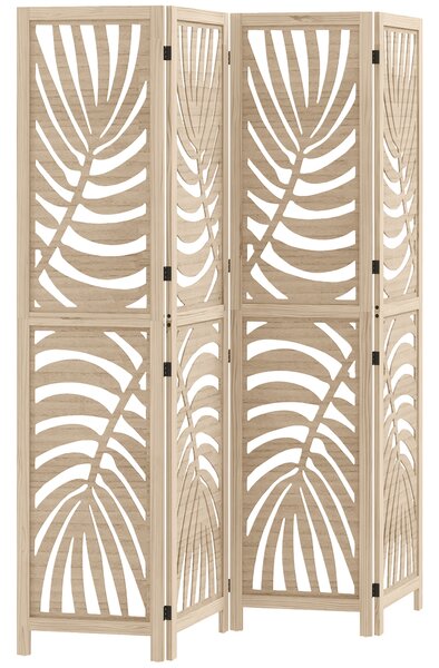 HOMCOM Paravento interiore in legno 4 pannelli 160 x 170 cm, pieghevole e portatile, motivo foglia, design rimovibile, legno naturale