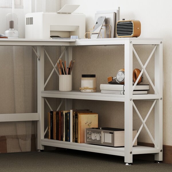 HOMCOM Scrivania ad angolo modulabile reversibile, scrivania con ripiani, ripiano di ripiani, telaio in metallo, 135x110x75cm, bianco | Aosom Italy