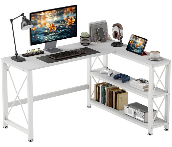 HOMCOM Scrivania ad angolo modulabile reversibile, scrivania con ripiani, ripiano di ripiani, telaio in metallo, 135x110x75cm, bianco | Aosom Italy