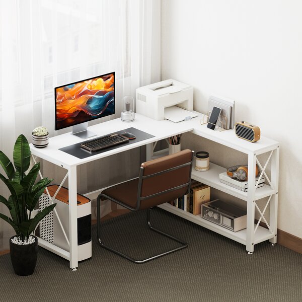 HOMCOM Scrivania ad angolo modulabile reversibile, scrivania con ripiani, ripiano di ripiani, telaio in metallo, 135x110x75cm, bianco | Aosom Italy
