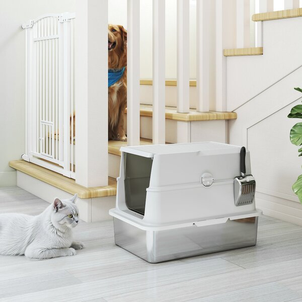 PawHut Lettiera per gatti, acciaio inossidabile, interno XL, con paletta, grigio chiaro | Aosom Italy