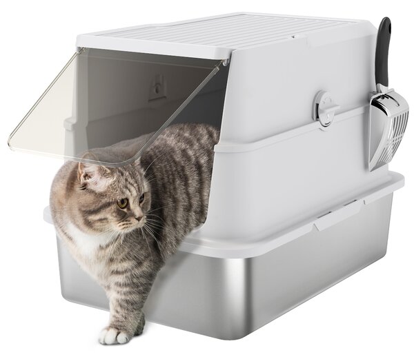 PawHut Lettiera per gatti, acciaio inossidabile, interno XL, con paletta, grigio chiaro | Aosom Italy