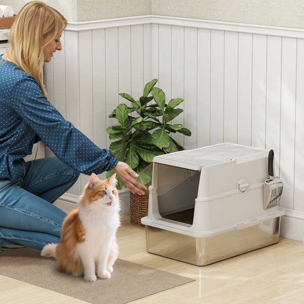 PawHut Lettiera per gatti, acciaio inossidabile, interno XL, con paletta, grigio chiaro | Aosom Italy