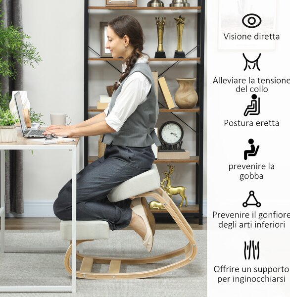 Vinsetto Sedia Ergonomica con Inginocchiatoio in Legno di Betulla e Cuscino, 51x69x58 cm, Crema | Aosom Italy
