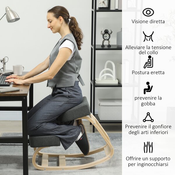 Vinsetto Sedia Ergonomica con Inginocchiatoio in Legno di Betulla e Cuscino, 51x69x58 cm, Grigio | Aosom Italy