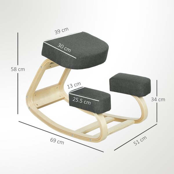 Vinsetto Sedia Ergonomica con Inginocchiatoio in Legno di Betulla e Cuscino, 51x69x58 cm, Grigio | Aosom Italy