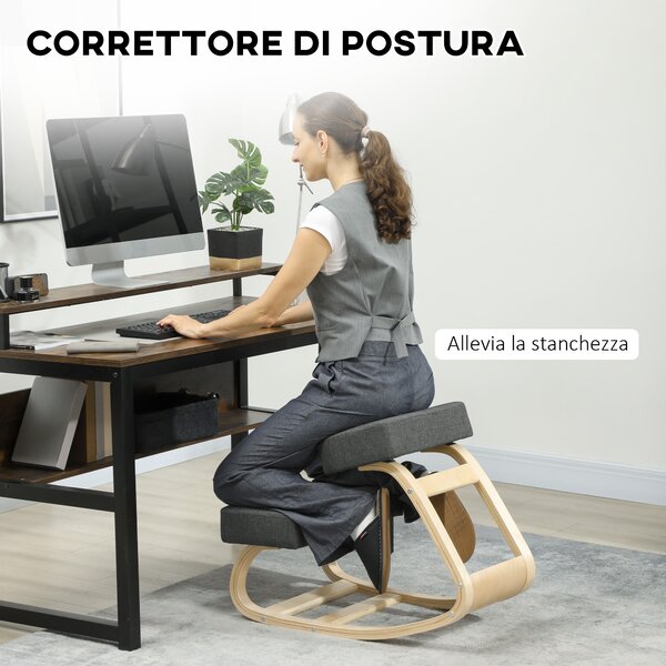 Vinsetto Sedia Ergonomica con Inginocchiatoio in Legno di Betulla e Cuscino, 51x69x58 cm, Grigio | Aosom Italy