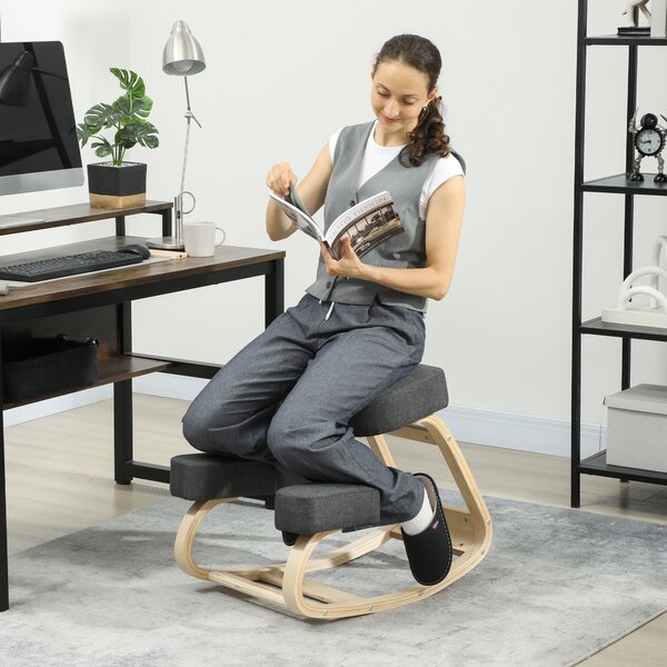 Vinsetto Sedia Ergonomica con Inginocchiatoio in Legno di Betulla e Cuscino, 51x69x58 cm, Grigio | Aosom Italy