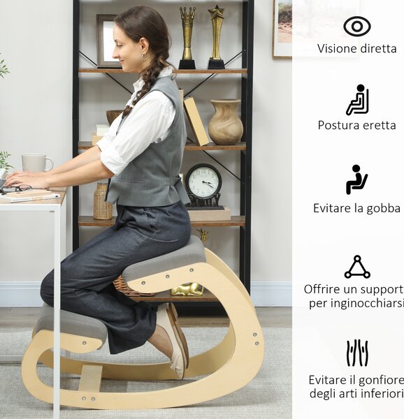 HOMCOM Sedia Ergonomica con Inginocchiatoio e Reclinabile, in Tessuto Effetto Lino e Legno, 55x85x55 cm, Grigio Chiaro | Aosom Italy