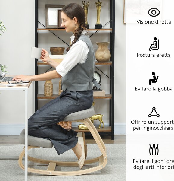 HOMCOM Sedia Inginocchiatoio con Movimento a Dondolo, in Tessuto e Legno di Betulla, 50x73x55 cm, Grigio | Aosom Italy