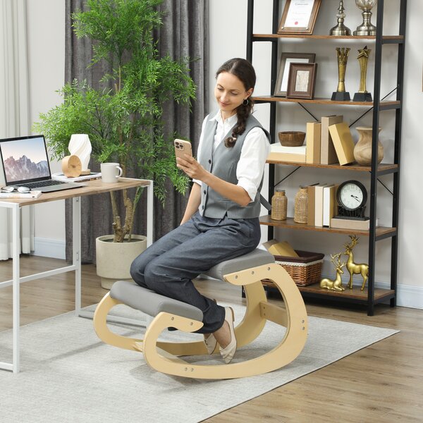 HOMCOM Sedia Ergonomica con Inginocchiatoio e Reclinabile, in Tessuto Effetto Lino e Legno, 55x85x55 cm, Grigio Chiaro | Aosom Italy