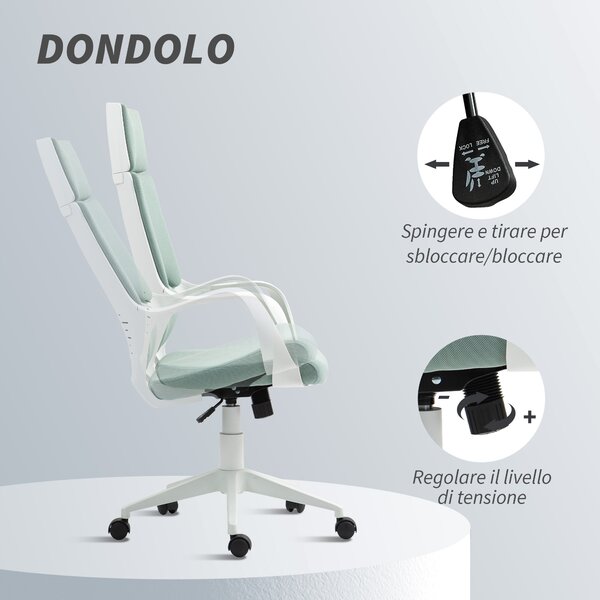 HOMCOM Sedia da Ufficio in Tessuto con Dondolo, Altezza Regolabile e Seduta Girevole, 63x63x117-127 cm, Verde | Aosom Italy