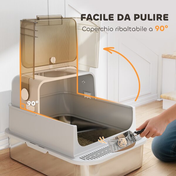 PawHut Lettiera per Gatti Chiusa XXL in Acciaio Inox, Coperchio Apribile a 90° e Doppie Porte, 70x50x46.5 cm, Grigio | Aosom Italy