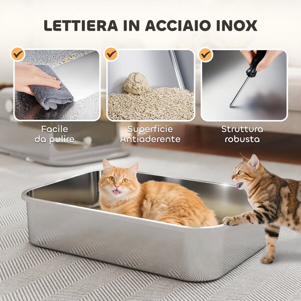 PawHut Lettiera per Gatti Chiusa XXL in Acciaio Inox, Coperchio Apribile a 90° e Doppie Porte, 70x50x46.5 cm, Grigio | Aosom Italy