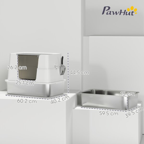 PawHut Lettiera per Gatti in Acciaio Inossidabile, Spazioso Interno XL, con Paletta, Grigio Chiaro | Aosom Italy