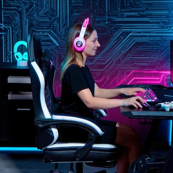 HOMCOM Sedia da Gioco con Poggiapiedi, Sedia da Computer con Cuscino per la Testa e per la Zona Lombare, Rivestimento in Similpelle, Girevole, Regolabile in Altezza, Metallo, Plastica, Nero+Bianco | Aosom Italy