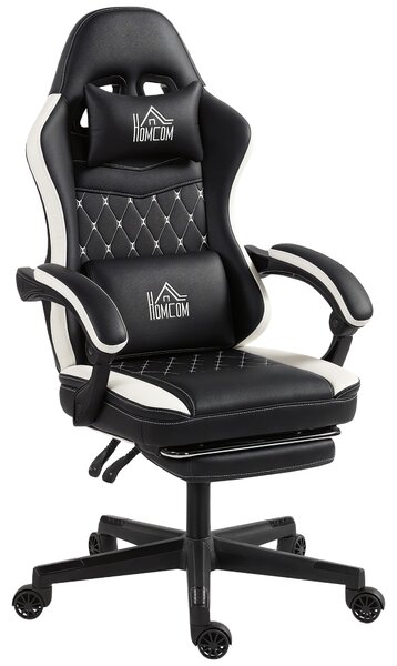 HOMCOM Sedia da Gioco con Poggiapiedi, Sedia da Computer con Cuscino per la Testa e per la Zona Lombare, Rivestimento in Similpelle, Girevole, Regolabile in Altezza, Metallo, Plastica, Nero+Bianco | Aosom Italy