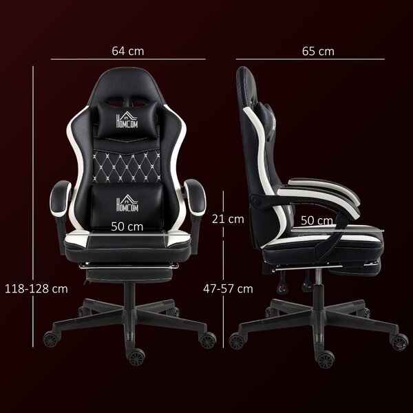 HOMCOM Sedia da Gioco con Poggiapiedi, Sedia da Computer con Cuscino per la Testa e per la Zona Lombare, Rivestimento in Similpelle, Girevole, Regolabile in Altezza, Metallo, Plastica, Nero+Bianco | Aosom Italy