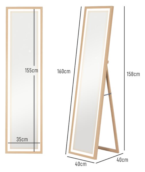 HOMCOM Grande specchio da terra, specchio da parete o da terra rettangolare, 40 x 160 cm con illuminazione a LED 3 colori, rovere | Aosom Italy