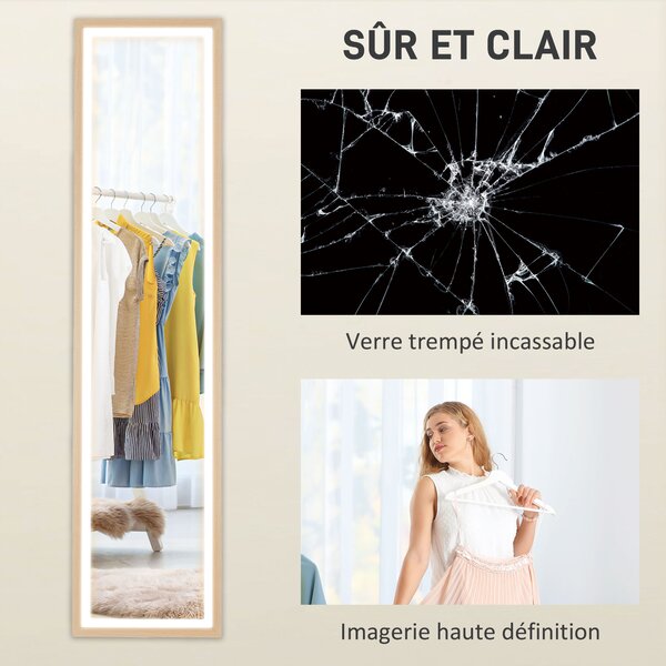 HOMCOM Grande specchio da terra, specchio da parete o da terra rettangolare, 40 x 160 cm con illuminazione a LED 3 colori, rovere | Aosom Italy