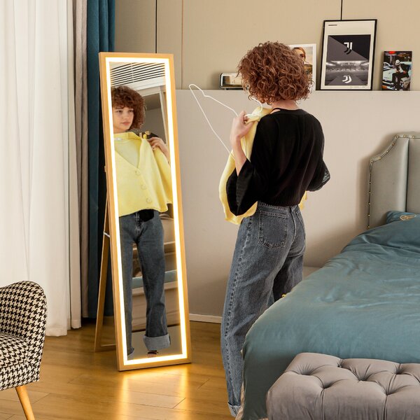 HOMCOM Grande specchio da terra, specchio da parete o da terra rettangolare, 40 x 160 cm con illuminazione a LED 3 colori, rovere | Aosom Italy